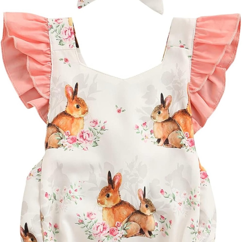 Adorable Bunny Print Dress with Pink Ruffle Sleeves